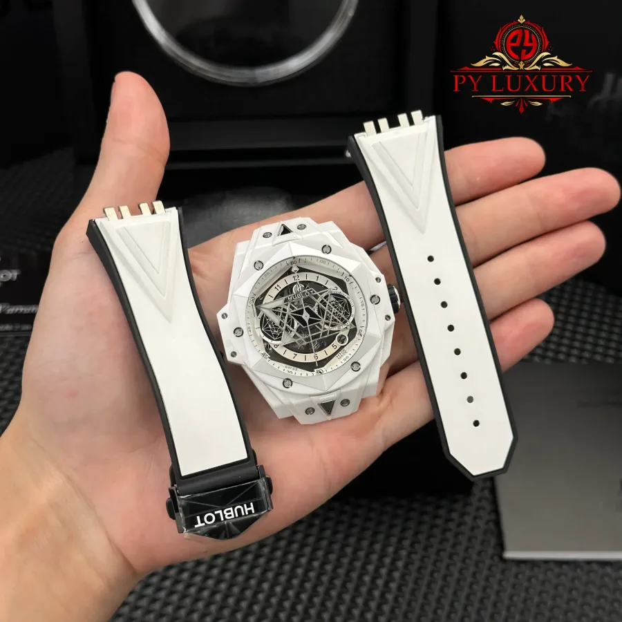 Hublot Big Bang Sang Bleu II White Ceramic Rubber 45mm Super Clone Watch - Angle 2 - Jack Watches USA