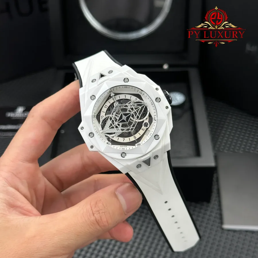 Hublot Big Bang Sang Bleu II White Ceramic Rubber 45mm Super Clone Watch - Angle 3 - Jack Watches USA