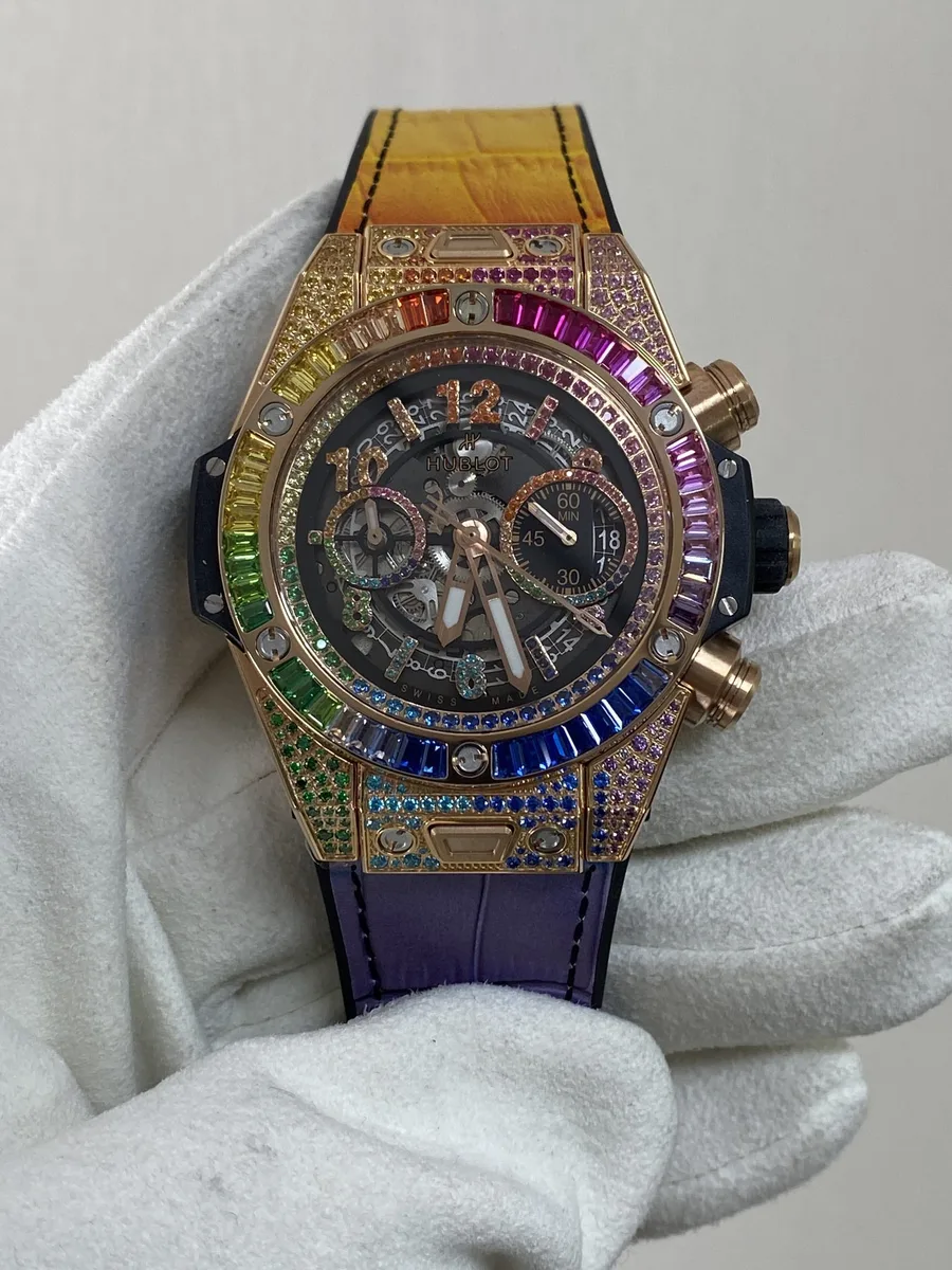 Hublot Big Bang Unico King Gold Rainbow Leather Strap 45mm Super Clone Watch - Angle 2 - Jack Watches USA