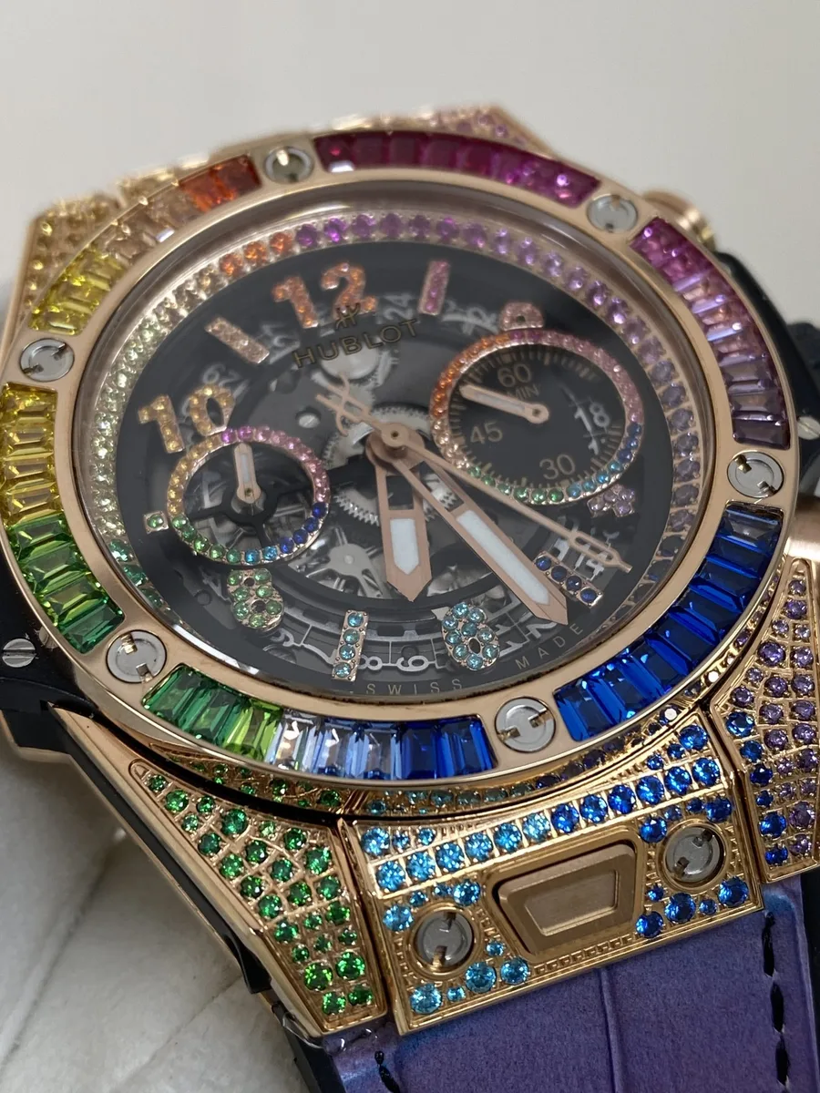 Hublot Big Bang Unico King Gold Rainbow Leather Strap 45mm Super Clone Watch - Angle 3 - Jack Watches USA