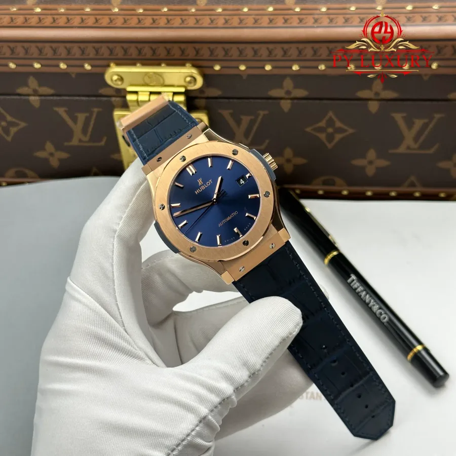 Hublot Classic Fusion King Gold Navy Blue Dial 45mm JJZ Factory Super Clone Watch - Angle 2 - Jack Watches USA