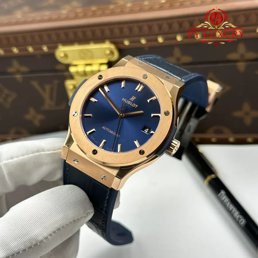Hublot Classic Fusion King Gold Navy Blue Dial 45mm JJZ Factory Super Clone Watch - Angle 3 - Jack Watches USA