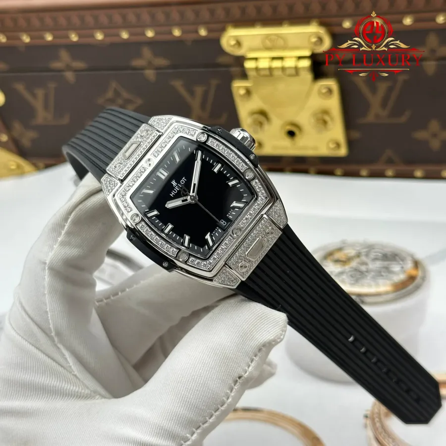 Hublot Spirit of Big Bang Titanium Diamond Pavé Black Dial Rubber Strap Replica 39mm Super Clone Watch - Angle 3 - Jack Watches USA