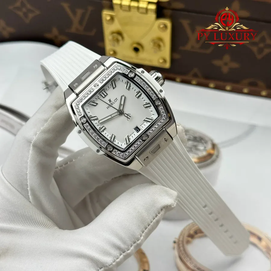 Hublot Spirit of Big Bang Titanium White Diamonds White Dial Rubber Strap Replica 39mm Super Clone Watch - Angle 2 - Jack Watches USA