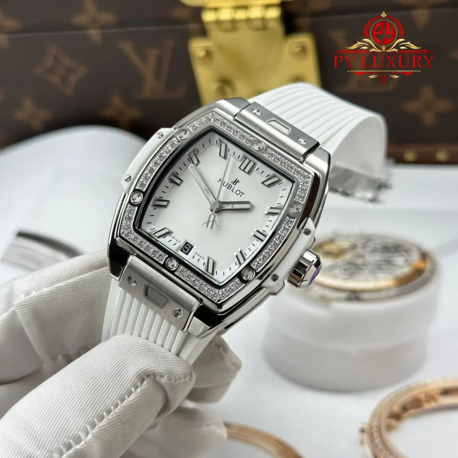 Hublot Spirit of Big Bang Titanium White Diamonds White Dial Rubber Strap Replica 39mm Super Clone Watch - Angle 3 - Jack Watches USA