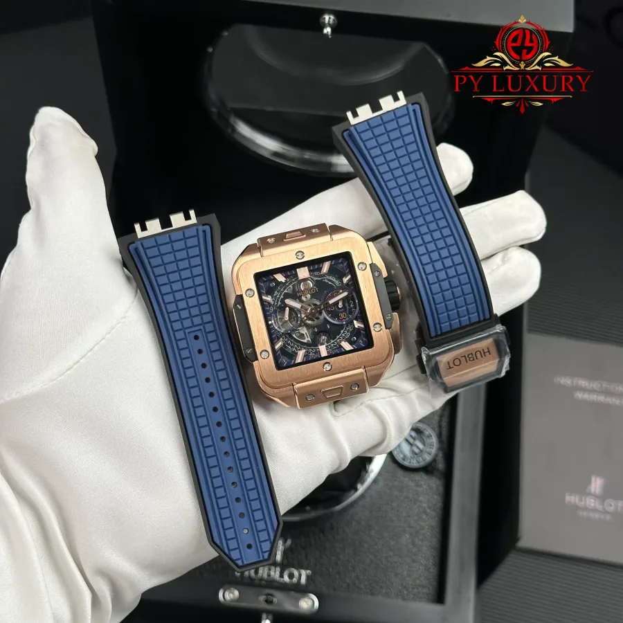 Hublot Square Bang Unico King Gold Blue Rubber Strap 42mm Super Clone Watch - Angle 2 - Jack Watches USA