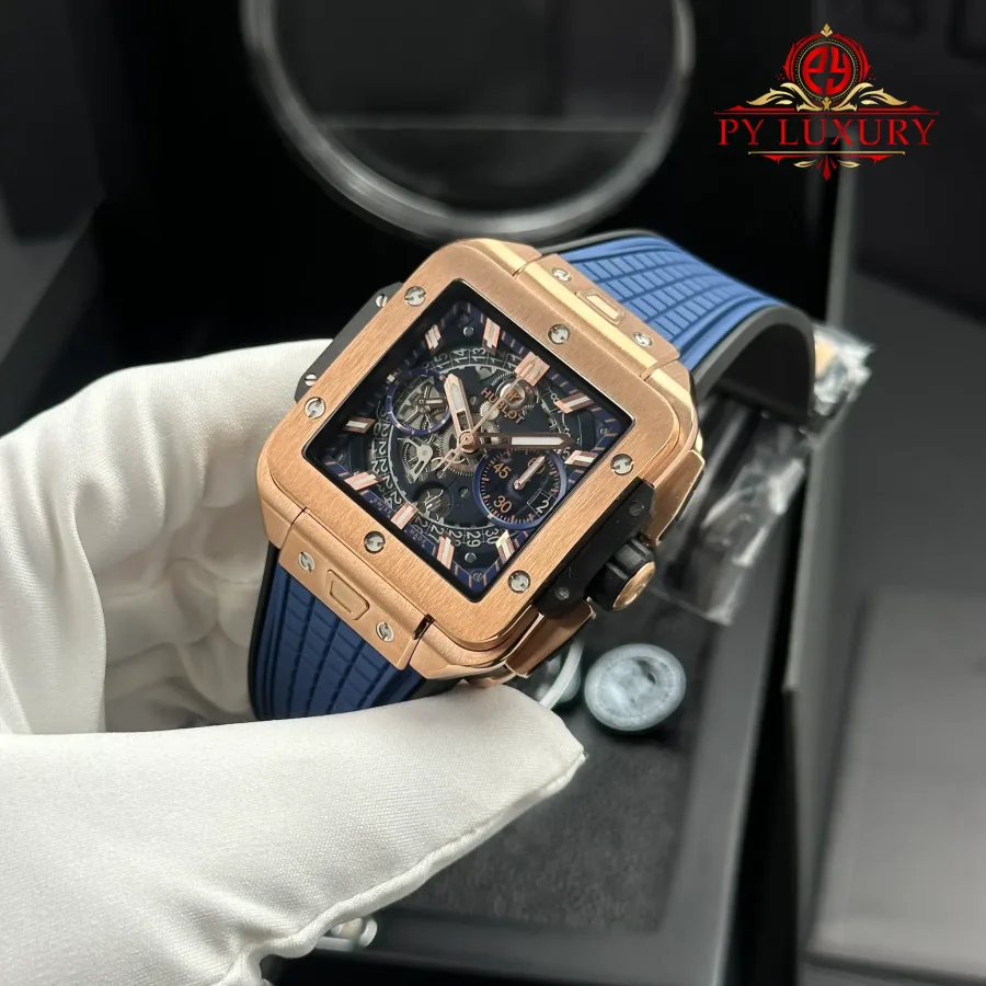Hublot Square Bang Unico King Gold Blue Rubber Strap 42mm Super Clone Watch - Angle 3 - Jack Watches USA