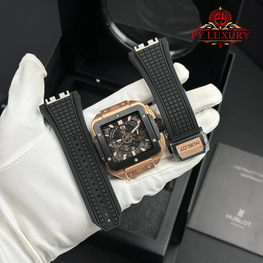 Hublot Square Bang Unico King Gold Ceramic Black 42mm Super Clone Watch - Angle 2 - Jack Watches USA