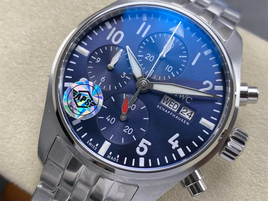 IWC Pilot Chronograph IW388102 Blue Dial Metal Bracelet APSF 41mm Super Clone Watch - Angle 3 - Jack Watches USA