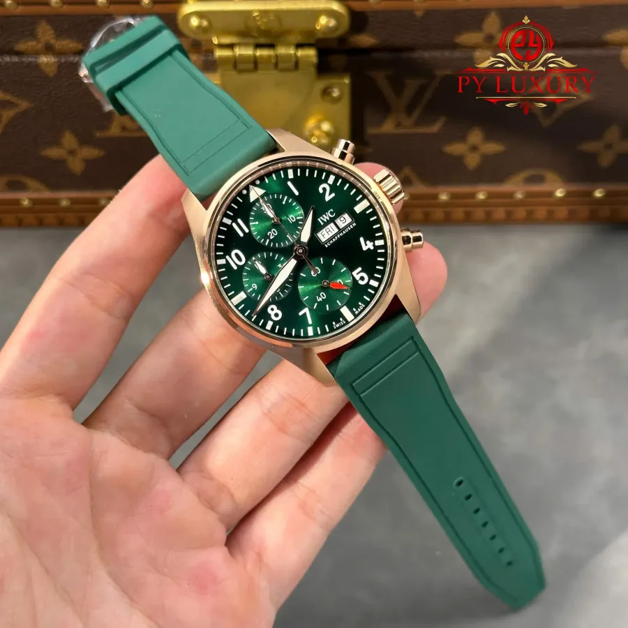 IWC Pilot Chronograph IW388110 Rose Gold Green Dial Green Rubber Strap APSF 41mm Super Clone Watch - Angle 2 - Jack Watches USA