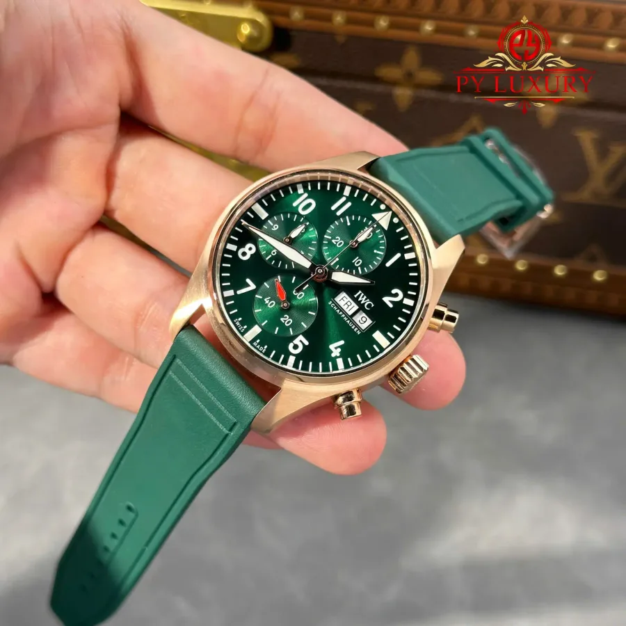IWC Pilot Chronograph IW388110 Rose Gold Green Dial Green Rubber Strap APSF 41mm Super Clone Watch - Angle 3 - Jack Watches USA