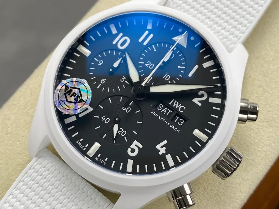 IWC Pilot Chronograph IW389105 TOP GUN Edition “Lake Tahoe” White Ceramic APSF 44.5mm Super Clone Watch - Angle 3 - Jack Watches USA