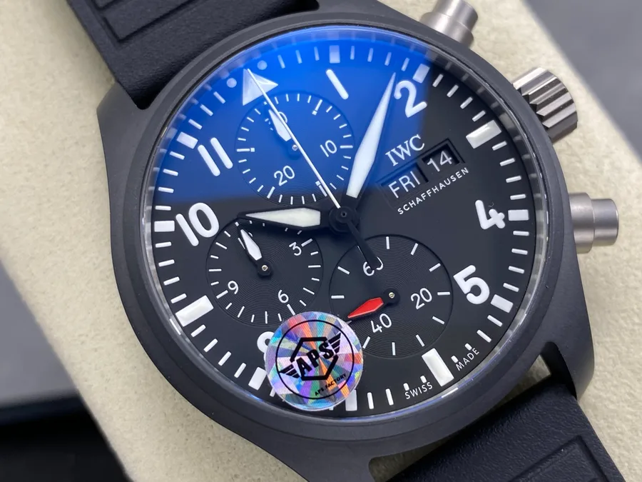 IWC Pilot Chronograph IW389401 TOP GUN Black Ceramic Rubber Strap APSF 42mm Super Clone Watch - Angle 2 - Jack Watches USA
