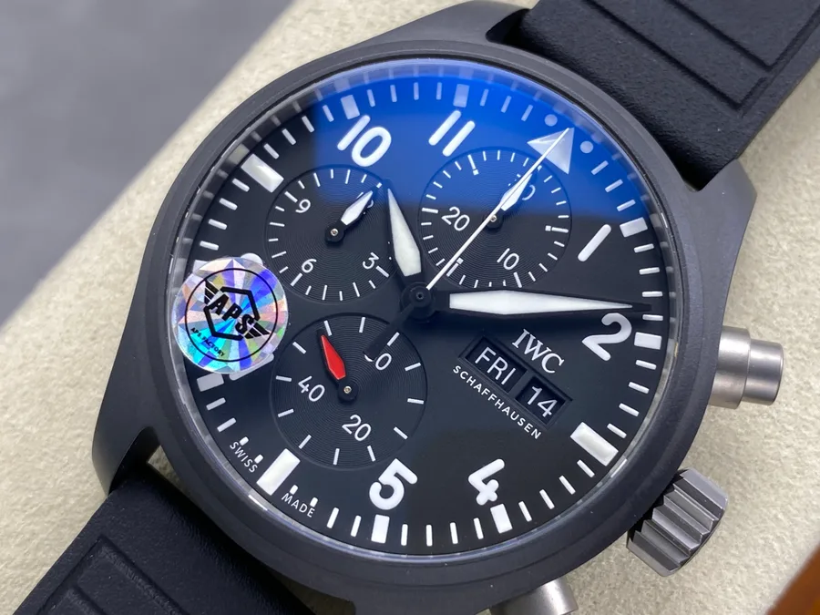 IWC Pilot Chronograph IW389401 TOP GUN Black Ceramic Rubber Strap APSF 42mm Super Clone Watch - Angle 3 - Jack Watches USA