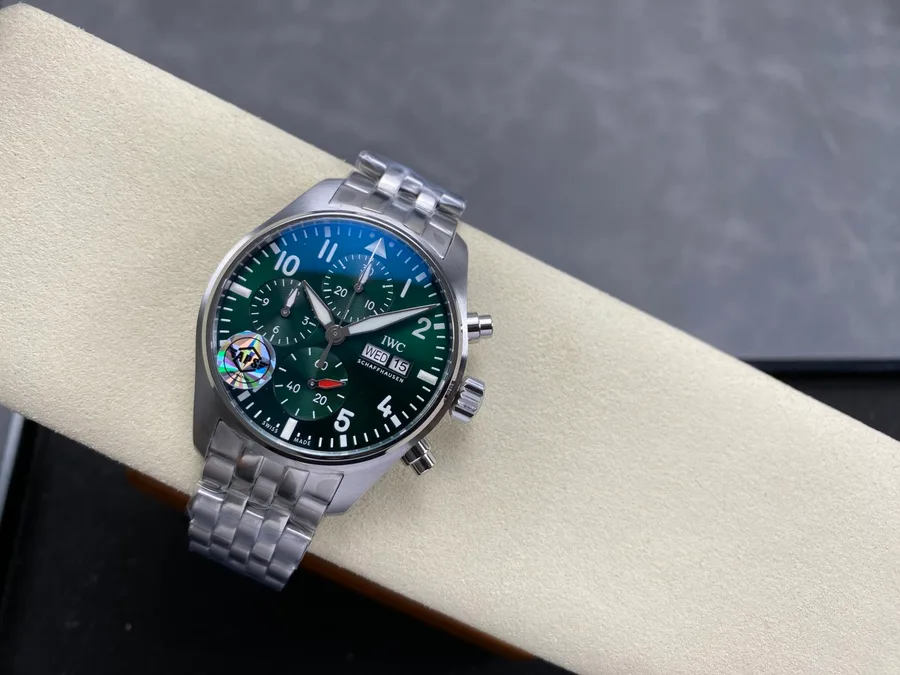 IWC Pilot’s Schaffhausen IW388104 Green Dial Metal Bracelet APSF 41mm Super Clone Watch - Angle 2 - Jack Watches USA