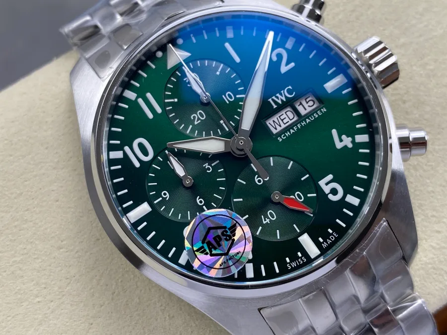 IWC Pilot’s Schaffhausen IW388104 Green Dial Metal Bracelet APSF 41mm Super Clone Watch - Angle 3 - Jack Watches USA