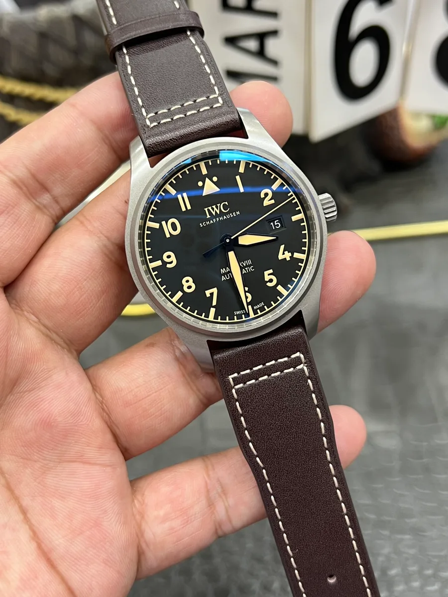 IWC Pilot’s Watch Mark XVIII Heritage IW3270-06 Titanium Black Dial Brown Leather Band 40mm Super Clone Watch - Angle 2 - Jack Watches USA