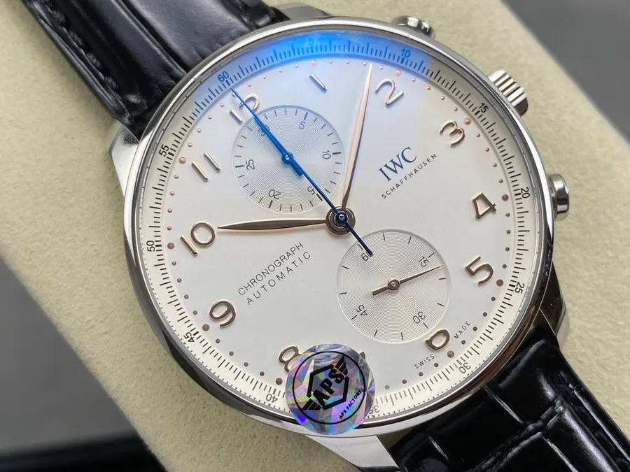 IWC Portugieser Chronograph IW371604 Silver Dial Black Leather Strap APSF 41mm Super Clone Watch - Angle 2 - Jack Watches USA