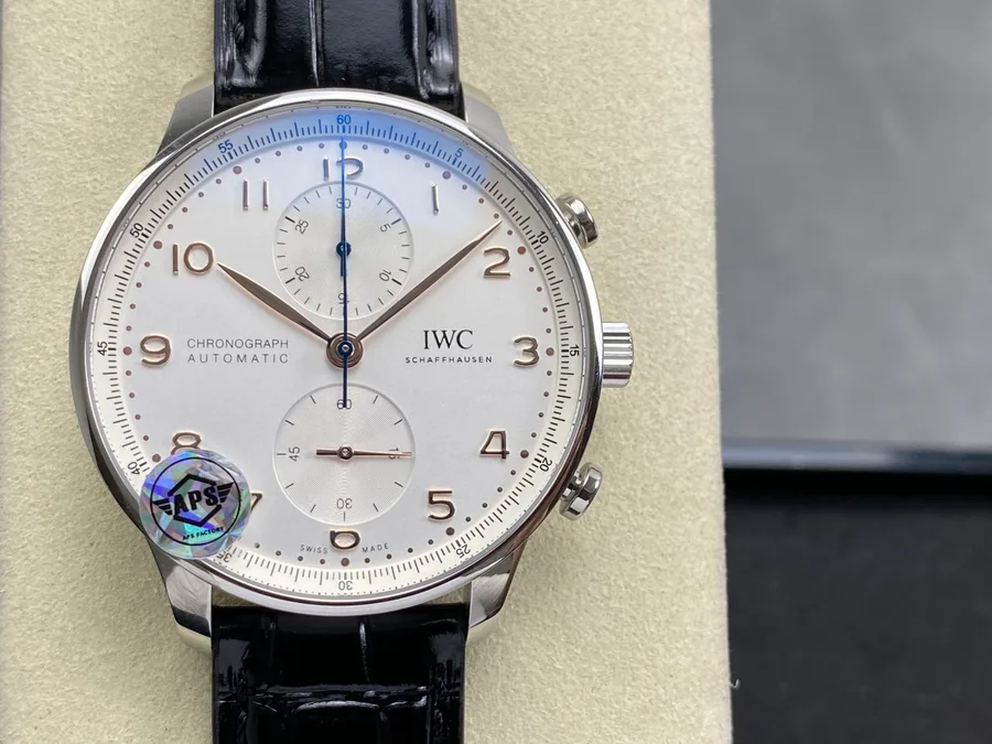 IWC Portugieser Chronograph IW371604 Silver Dial Black Leather Strap APSF 41mm Super Clone Watch - Angle 3 - Jack Watches USA
