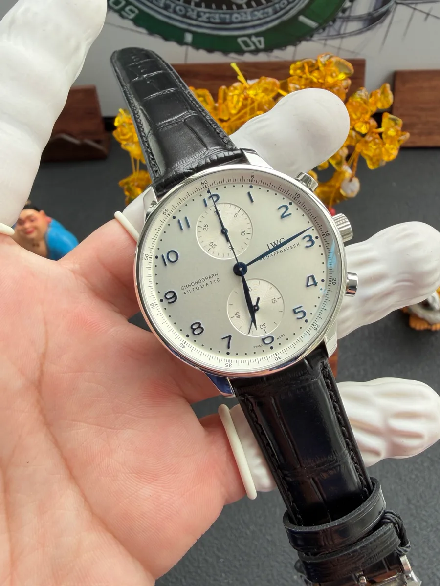 IWC Portugieser IW371605 Chronograph Silver Dial Leather Strap 41mm Super Clone Watch - Angle 2 - Jack Watches USA