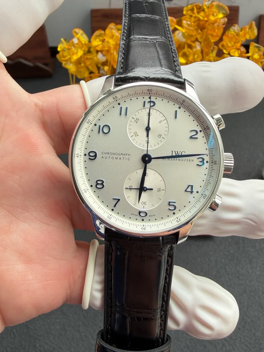 IWC Portugieser IW371605 Chronograph Silver Dial Leather Strap 41mm Super Clone Watch - Angle 3 - Jack Watches USA