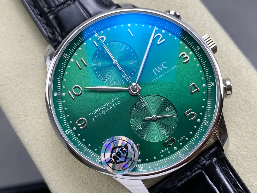 IWC Portugieser IW371615 Chronograph Green Dial Leather Strap APSF 41mm Super Clone Watch - Angle 2 - Jack Watches USA