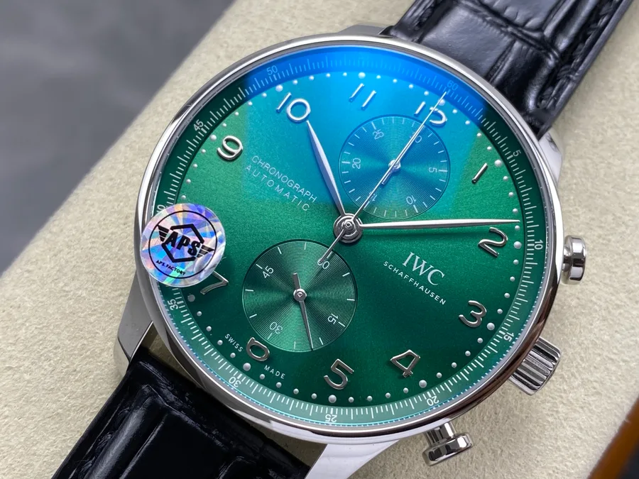 IWC Portugieser IW371615 Chronograph Green Dial Leather Strap APSF 41mm Super Clone Watch - Angle 3 - Jack Watches USA
