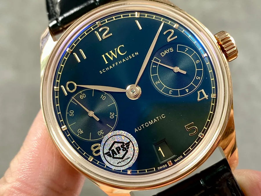 IWC Portugieser IW500713 Rose Gold Blue Dial Leather Strap APSF 42mm Super Clone Watch - Angle 2 - Jack Watches USA