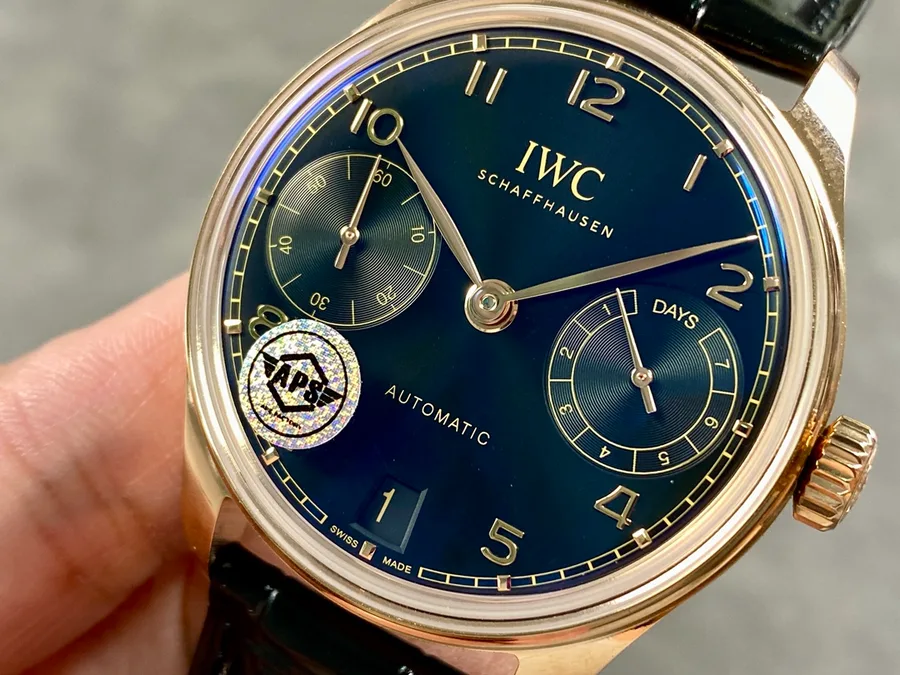 IWC Portugieser IW500713 Rose Gold Blue Dial Leather Strap APSF 42mm Super Clone Watch - Angle 3 - Jack Watches USA