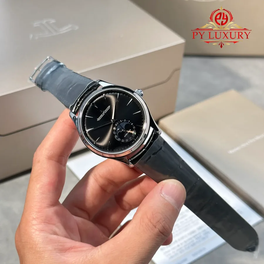 Jaeger-LeCoultre Master Ultra Thin Moon Black Dial Leather 39mm Super Clone Watch - Angle 2 - Jack Watches USA