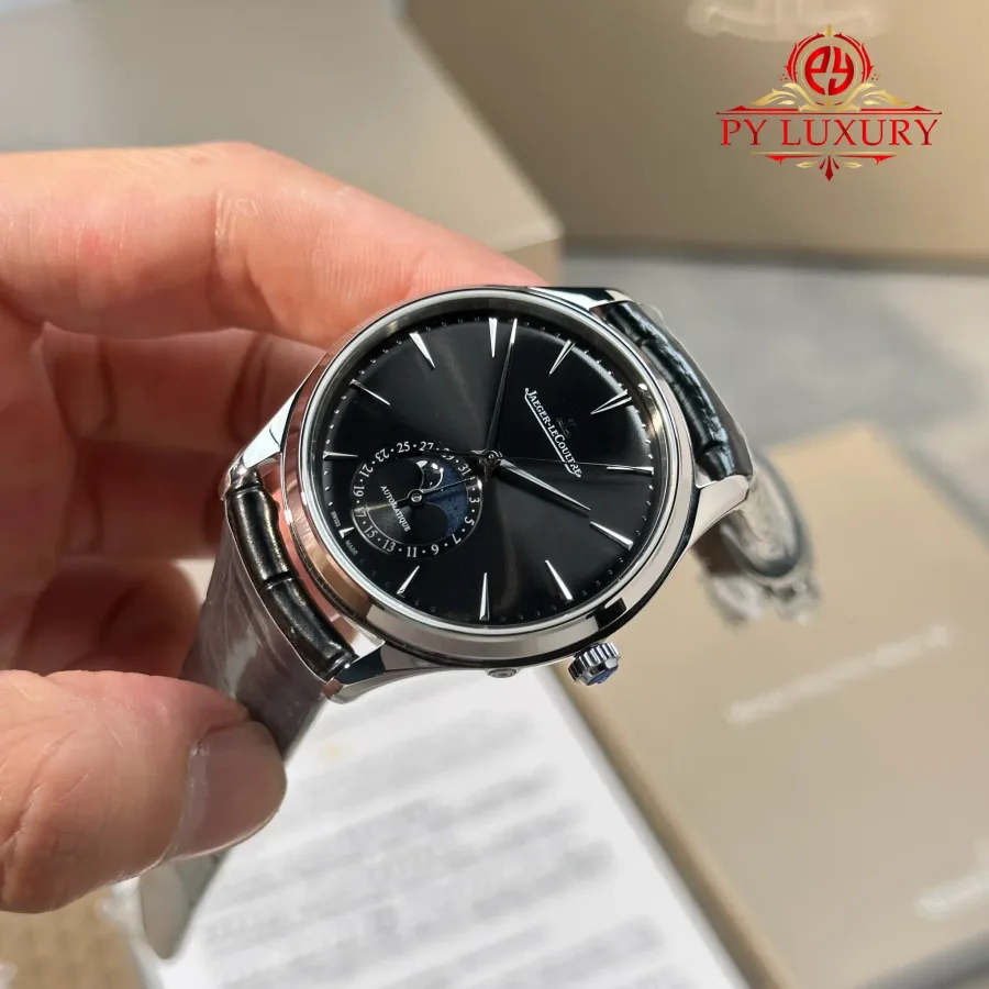 Jaeger-LeCoultre Master Ultra Thin Moon Black Dial Leather 39mm Super Clone Watch - Angle 3 - Jack Watches USA