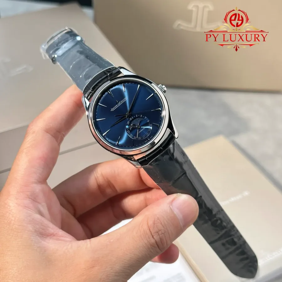 Jaeger-LeCoultre Master Ultra Thin Moon Blue Dial Leather 39mm Super Clone Watch - Angle 2 - Jack Watches USA