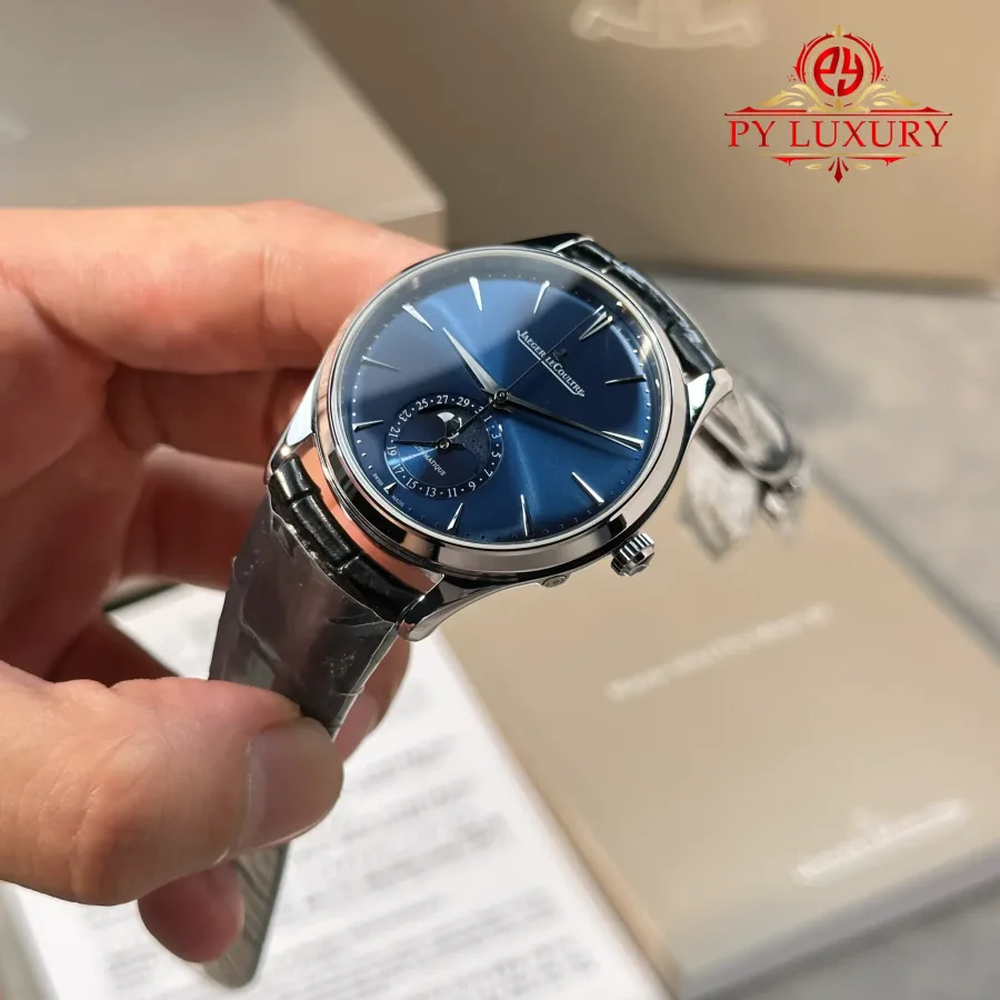 Jaeger-LeCoultre Master Ultra Thin Moon Blue Dial Leather 39mm Super Clone Watch - Angle 3 - Jack Watches USA