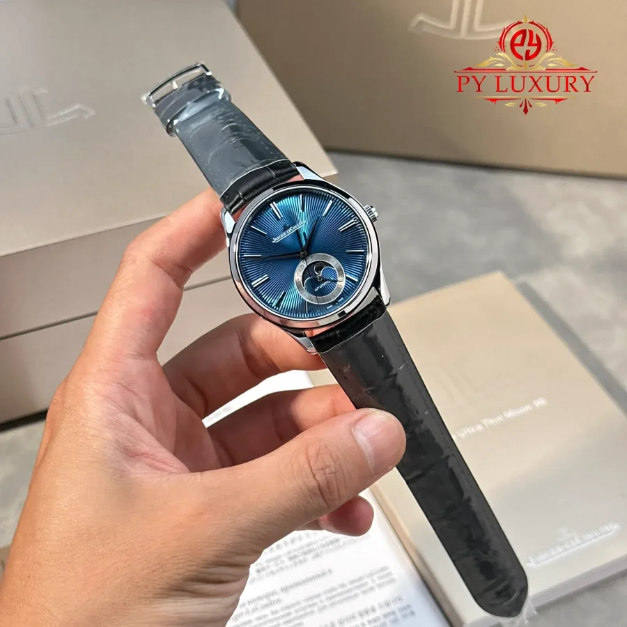Jaeger-LeCoultre Master Ultra Thin Moon Enamel Q13635E1 Blue Dial Leather Strap 39mm Super Clone Watch - Angle 2 - Jack Watches USA