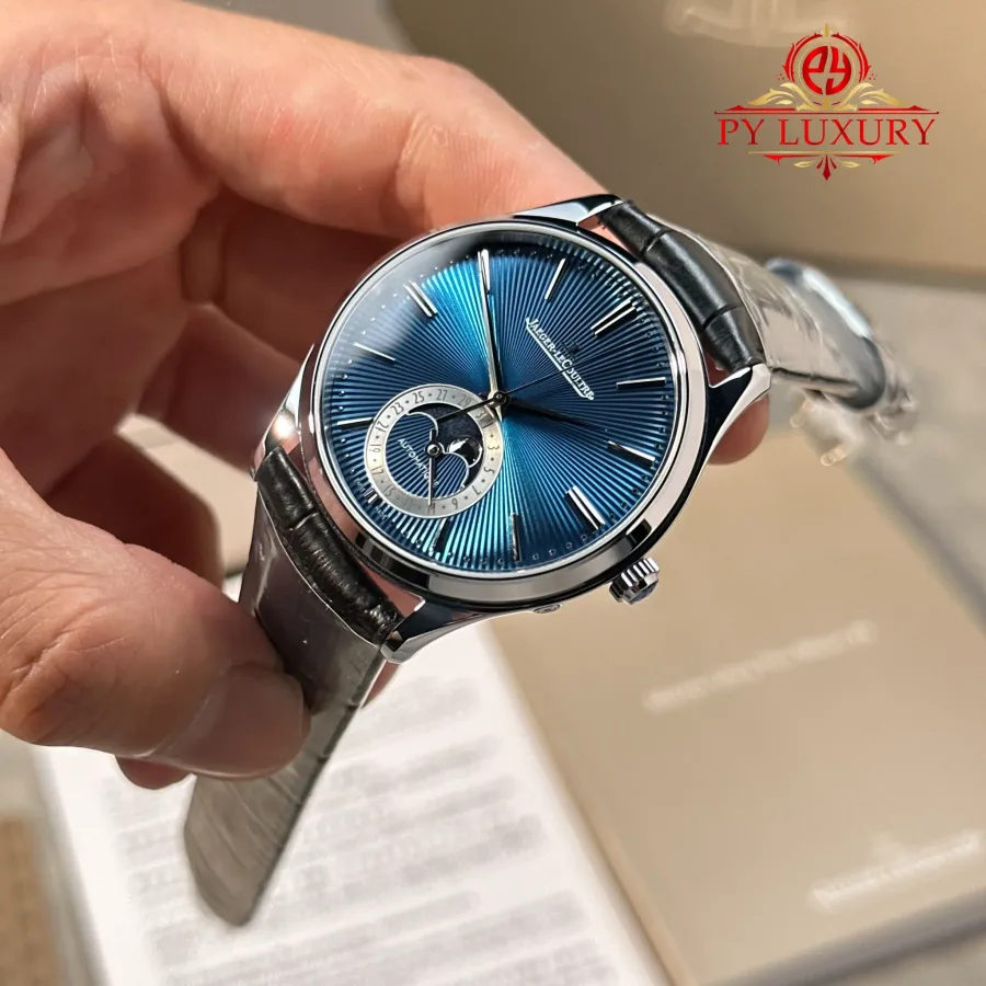 Jaeger-LeCoultre Master Ultra Thin Moon Enamel Q13635E1 Blue Dial Leather Strap 39mm Super Clone Watch - Angle 3 - Jack Watches USA