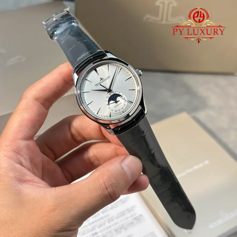 Jaeger-LeCoultre Master Ultra Thin Moon Silver Dial Leather 39mm Super Clone Watch - Angle 2 - Jack Watches USA