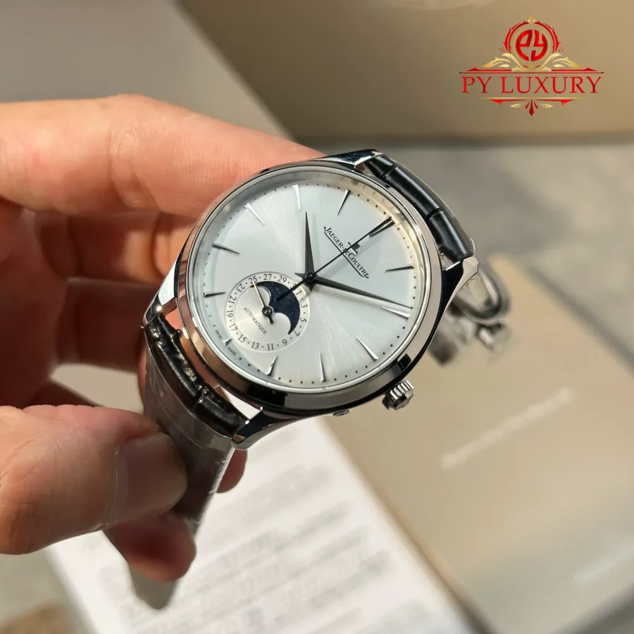 Jaeger-LeCoultre Master Ultra Thin Moon Silver Dial Leather 39mm Super Clone Watch - Angle 3 - Jack Watches USA