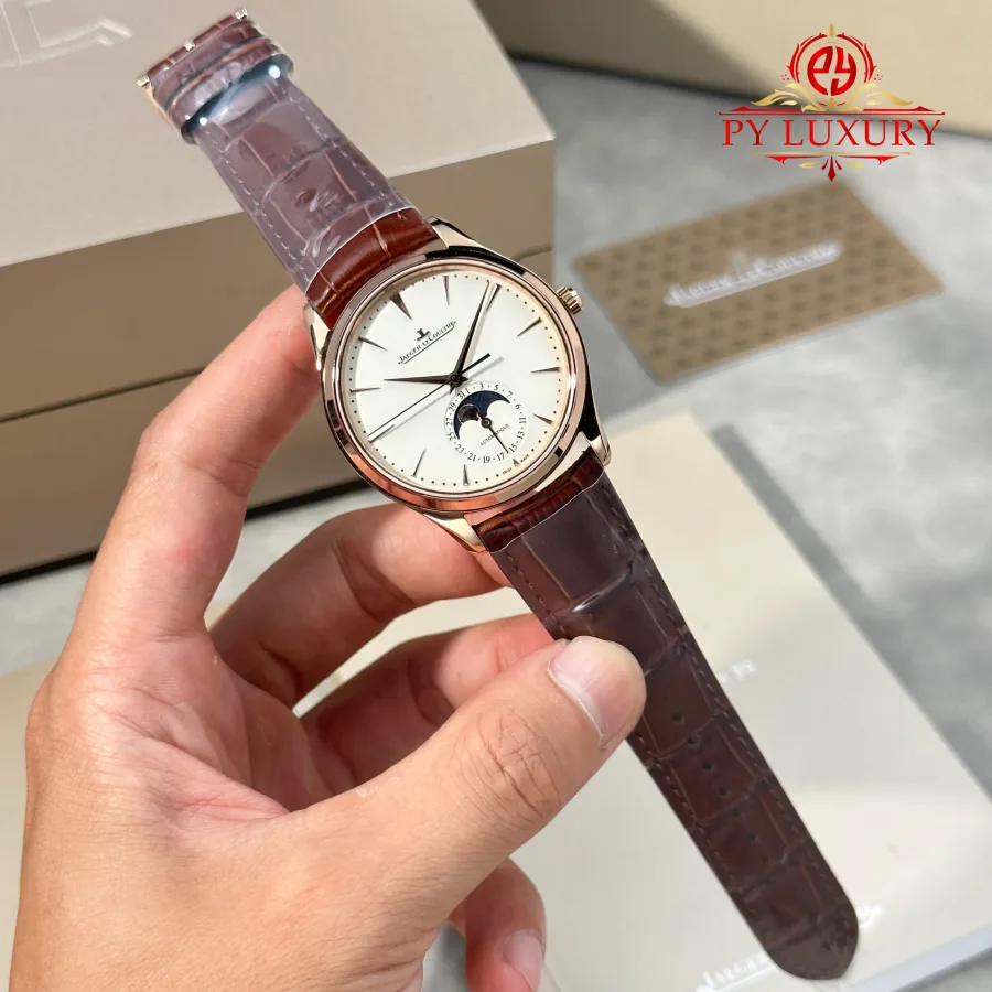 Jaeger-LeCoultre Master Ultra Thin Moonphase Q1362510 Rose Gold Brown Leather Strap 39mm Super Clone Watch - Angle 2 - Jack Watches USA