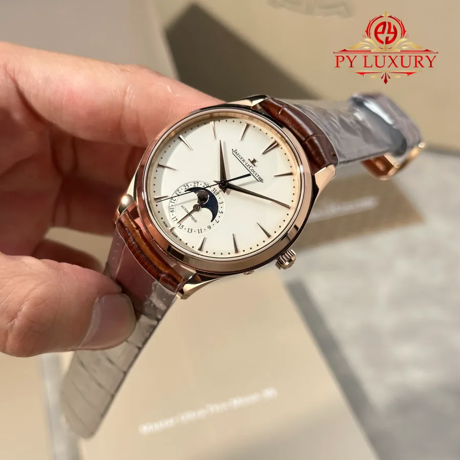 Jaeger-LeCoultre Master Ultra Thin Moonphase Q1362510 Rose Gold Brown Leather Strap 39mm Super Clone Watch - Angle 3 - Jack Watches USA