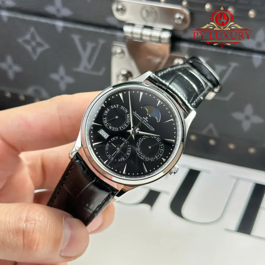 Jaeger LeCoultre Master Ultra Thin Perpetual Calendar Black Dial Leather Strap VR Factory 39mm Super Clone Watch - Angle 2 - Jack Watches USA