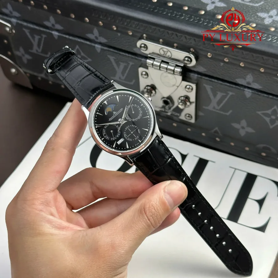 Jaeger LeCoultre Master Ultra Thin Perpetual Calendar Black Dial Leather Strap VR Factory 39mm Super Clone Watch - Angle 3 - Jack Watches USA