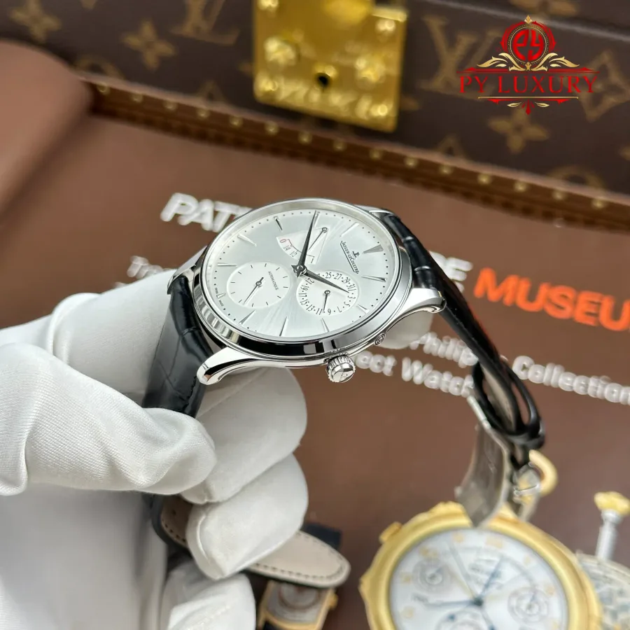 Jaeger Lecoultre Master Ultra Thin Power Reserve Q1378421 Silver Dial Leather Strap APSF 39mm Super Clone Watch - Angle 3 - Jack Watches USA
