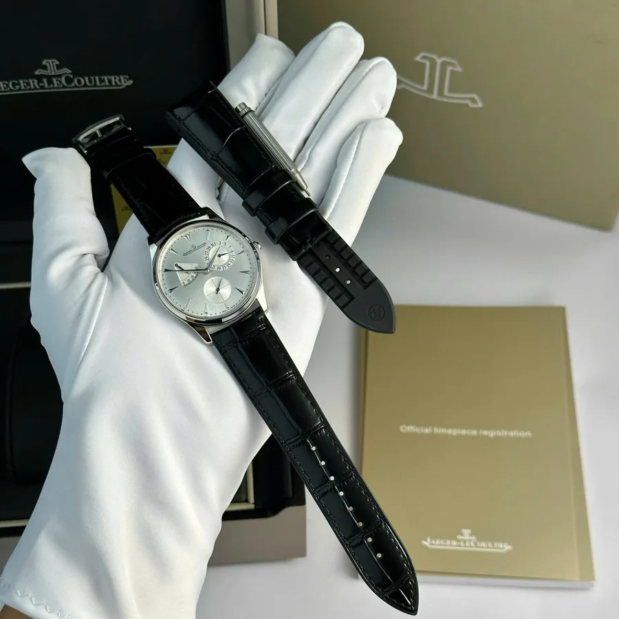 Jaeger-LeCoultre Master Ultra Thin Reserve De Marche Q1378420 Silver Dial Leather Strap 39mm Super Clone Watch - Angle 2 - Jack Watches USA