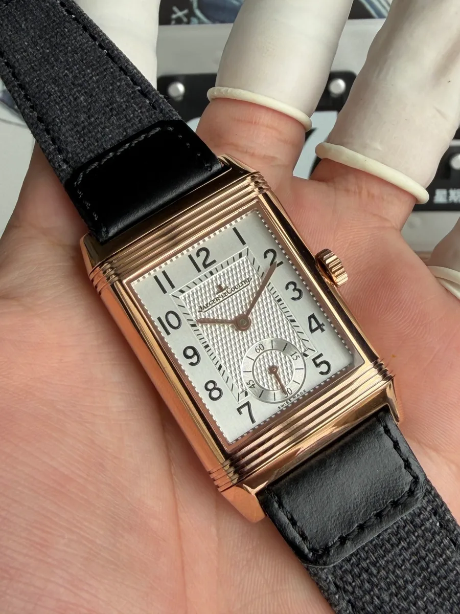 Jaeger-LeCoultre Reverso Classic Duoface Small Seconds Q3842520 Rose Gold Silver & Black Dial 47×28.3mm Super Clone Watch - Angle 2 - Jack Watches USA