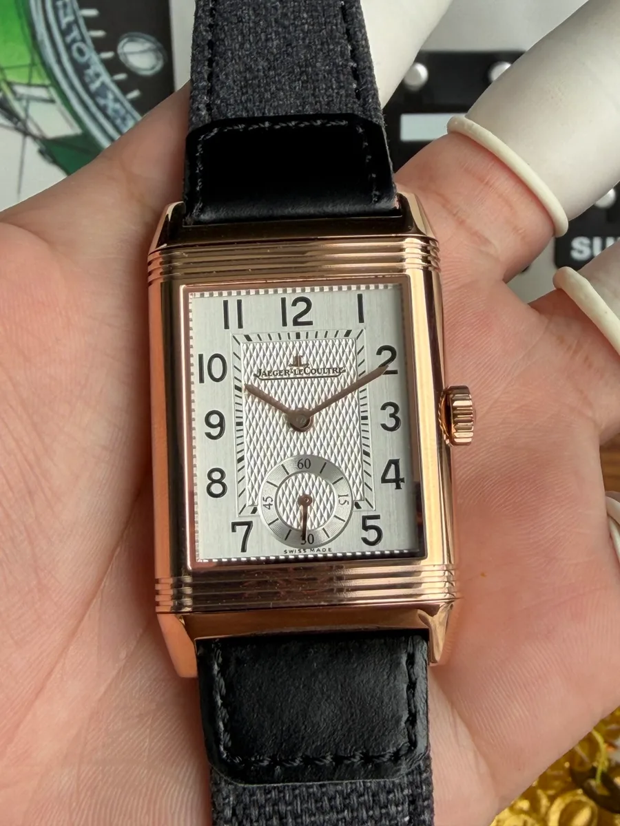 Jaeger-LeCoultre Reverso Classic Duoface Small Seconds Q3842520 Rose Gold Silver & Black Dial 47×28.3mm Super Clone Watch - Angle 3 - Jack Watches USA