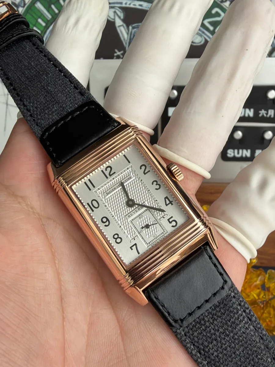Jaeger-LeCoultre Reverso Tribute Duoface Q2712470 Rose Gold Silver & Grey Dial 47×28.3mm Super Clone Watch - Angle 2 - Jack Watches USA