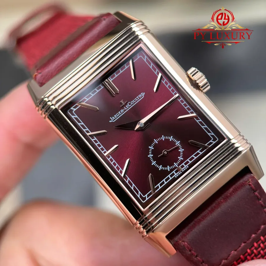 Jaeger-LeCoultre Reverso Tribute Duoface Q398256J Rose Gold Burgundy Red & Silvered Grey Dial 47×28.3mm Super Clone Watch - Angle 2 - Jack Watches USA