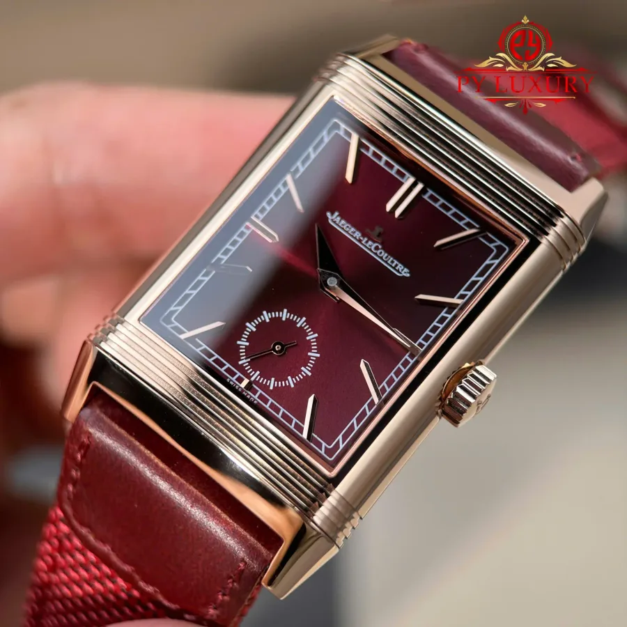 Jaeger-LeCoultre Reverso Tribute Duoface Q398256J Rose Gold Burgundy Red & Silvered Grey Dial 47×28.3mm Super Clone Watch - Angle 3 - Jack Watches USA