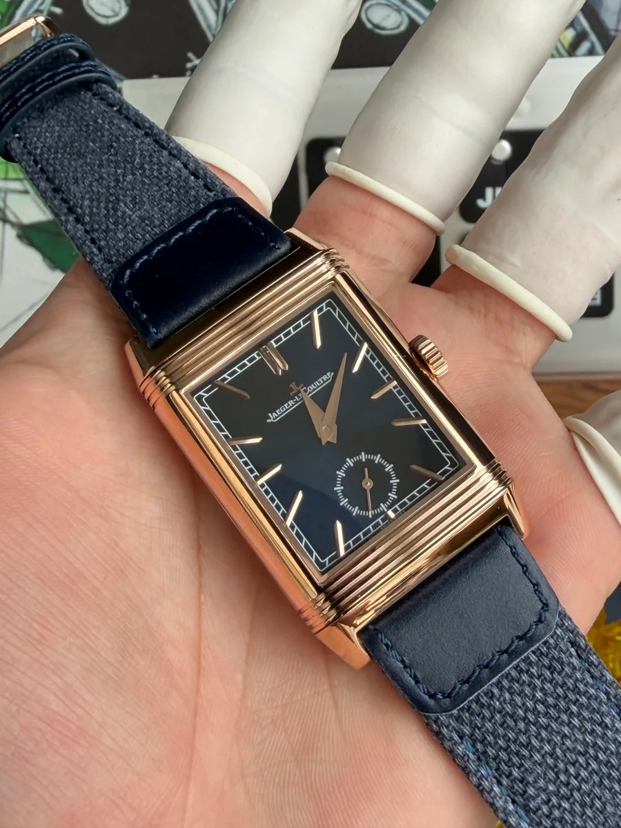 Jaeger-LeCoultre Reverso Tribute Duoface Q3982590 Rose Gold Blue & Silver Index Dial 47×28.3mm Super Clone Watch - Angle 2 - Jack Watches USA