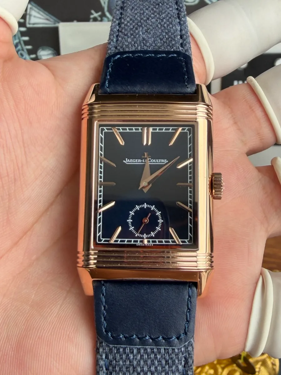 Jaeger-LeCoultre Reverso Tribute Duoface Q3982590 Rose Gold Blue & Silver Index Dial 47×28.3mm Super Clone Watch - Angle 3 - Jack Watches USA